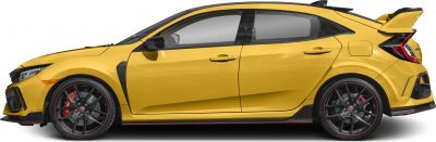 Yellow sporty hatchback with aerodynamic accents and black multi-spoke wheels