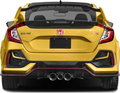 Sporty hatchback rear with triple central exhaust tips and aerodynamic spoiler