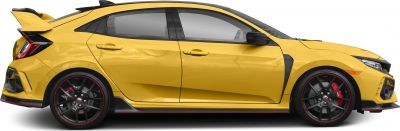 Side view of a sporty hatchback with distinct aerodynamic features and black alloy wheels.