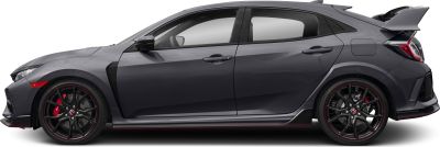 Side profile of hatchback with black alloy wheels and large rear wing