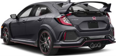 Sporty hatchback rear with large spoiler and triple exhaust