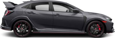 Sporty hatchback side profile with rear wing spoiler and black alloy wheels