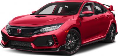 Red sporty hatchback with aerodynamic kit and black alloy wheels.