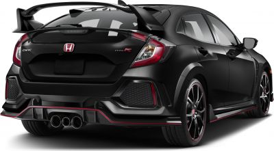 Rear hatchback with triple exhaust and large rear wing spoiler