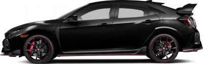 Side profile with large rear wing and black sport wheels with red accents