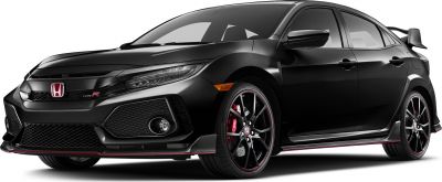 Sporty black hatchback with aggressive front grille and rear wing spoiler