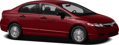 Side profile of a red 4-door sedan with steel wheels and black mirror caps.