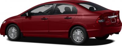 Rear side profile of a sporty red sedan with detailed taillights and wheels