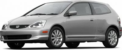 Front and side profile of a sporty silver hatchback car with alloy wheels and i-vtec emblem