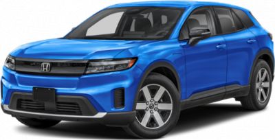 Front side view of blue electric SUV with aerodynamic design