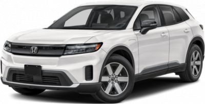 Front three-quarter view of modern electric SUV with sleek design and black trim accents