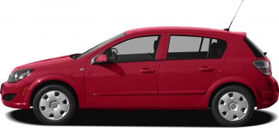 Red 5-door compact hatchback side profile with wheel covers and antenna
