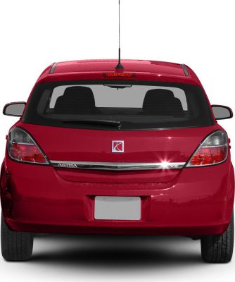 Rear view of red hatchback with distinct taillights and rear wiper