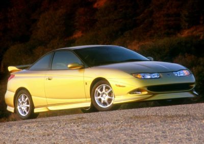 Yellow sporty compact coupe with rear spoiler and chrome wheels