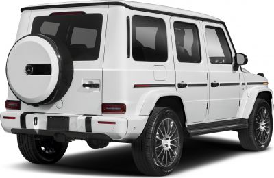 Rear and side view of white SUV with mounted spare tire and tinted windows