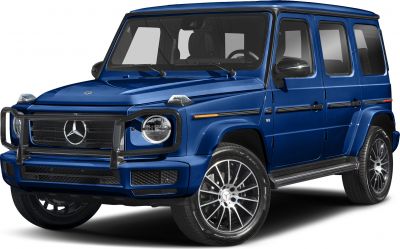 Front-side view of a blue luxury SUV with V8 badge and protective front grille