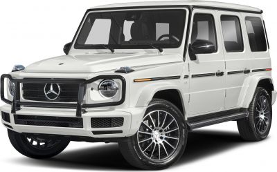 Luxury white SUV with black trim, V8 badge, and alloy wheels front and side view.