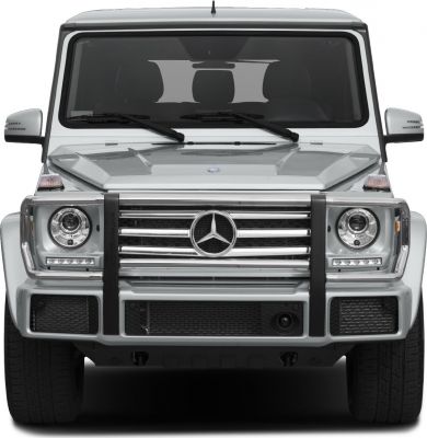 Front view showing round headlights and prominent grille with protective bars