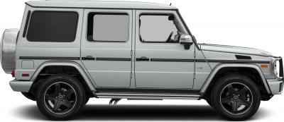 Side profile of SUV with V8 badge and black wheels