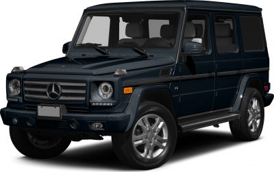 SUV front view with round LED headlights and chrome grille in black.