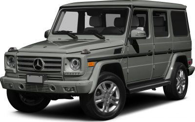 Front side view with round headlights, rugged design, V8 emblem.