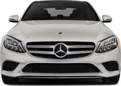 Front view with grille, headlights, and emblem of luxury sedan