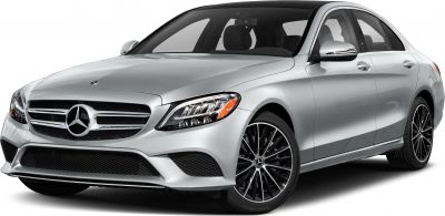 Front and side view of silver luxury sedan with LED headlights and sporty grille
