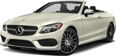 Convertible car front view with alloy wheels and LED headlights