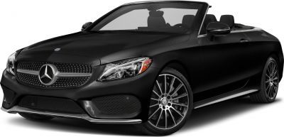 Front 3/4 view of black convertible with luxury grille and alloy wheels