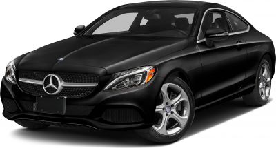 Black luxury coupe front with LED headlights and distinctive grille