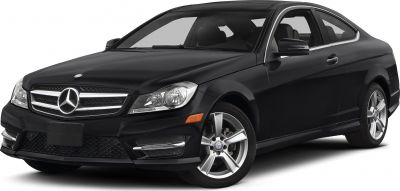 Front and side view of a black two-door coupe with distinct grille and alloy wheels