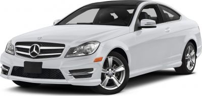 Front and side view of a white coupe with alloy wheels