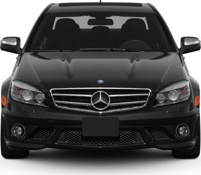 Front view of sleek Mercedes-Benz grille and headlights