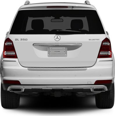 Rear view of SUV with GL 350 and Bluetec badges, dual exhausts, and tinted rear window