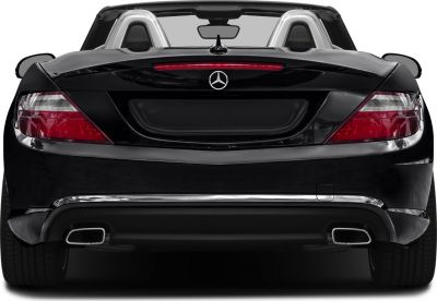 Rear view of black convertible with dual exhausts and signature tail lights