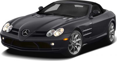 Front view of a sleek convertible with distinct headlamps and side vents