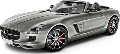 Silver convertible sports with AMG wheels and vented side panel