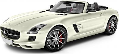 Silver convertible sports car with AMG wheels and distinctive front grille