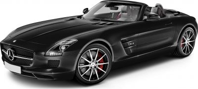 Black convertible sports car with front grille and alloy wheels