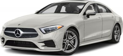 Front and side exterior view of a luxury four-door coupe with LED headlights and alloy wheels