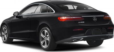 Rear and side profile of sleek black luxury coupe with LED taillights