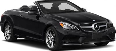 Convertible luxury car front three-quarter view with open roof and alloy wheels