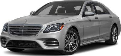 Luxury sedan front view with LED headlights and alloy wheels
