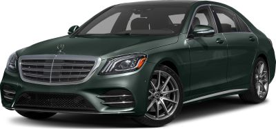Front-side view of luxury sedan with LED headlights and chrome grille