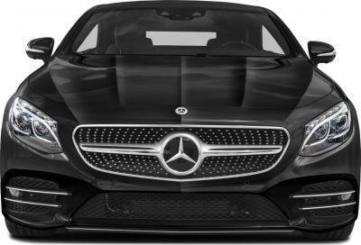 Luxury coupe front grille and LED headlights close-up