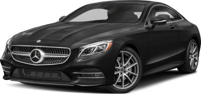 Sleek front and side view of a luxury coupe with distinctive grille and headlights