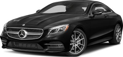 Front angled view of a luxury black coupe with LED headlights and alloy wheels