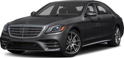 Luxury sedan front grille, LED headlights, and alloy wheels.