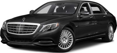 Luxury black sedan with chrome grille and V12 badge