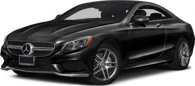 Front side view of black luxury coupe with LED headlights and alloy wheels